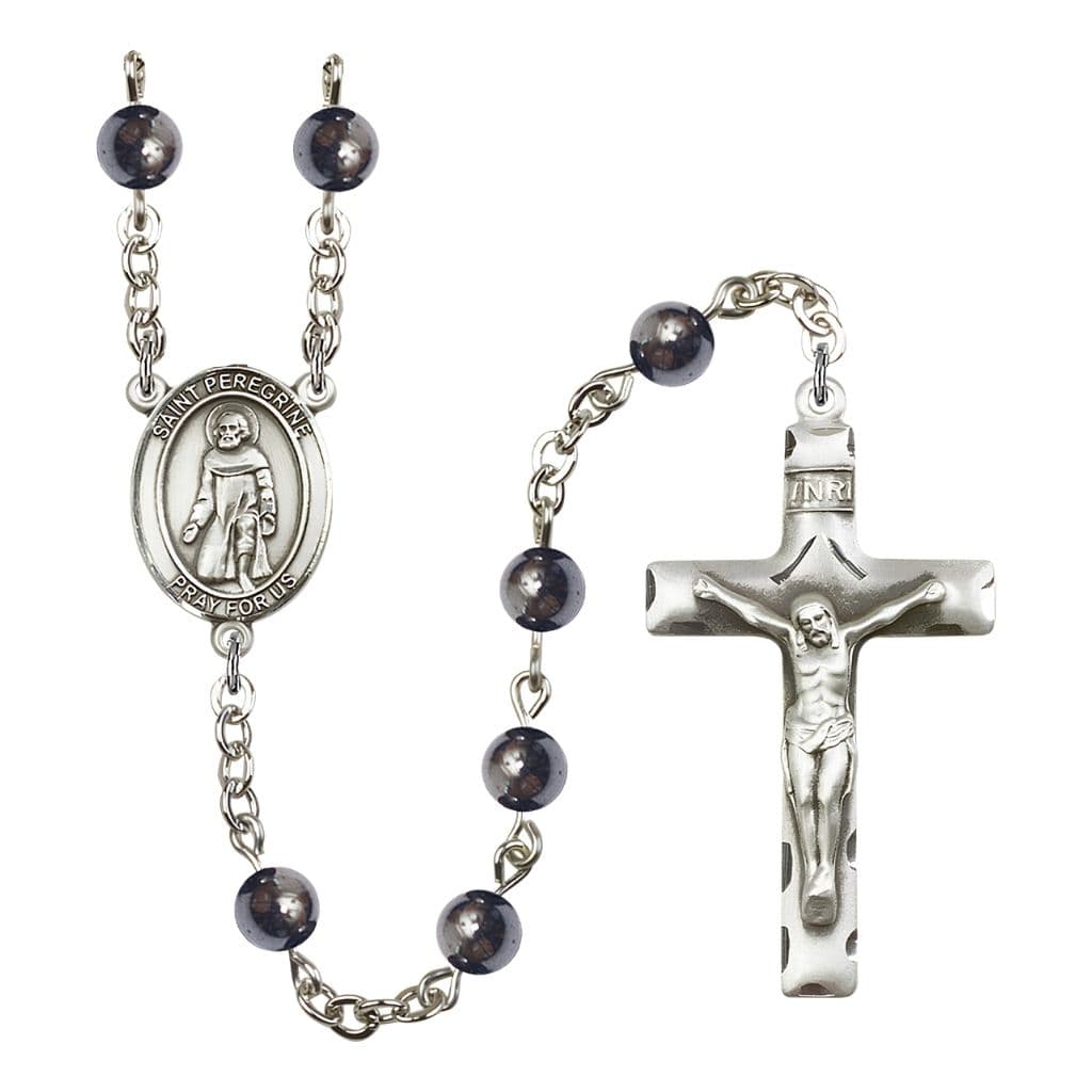 Bliss St. Peregrine Laziosi 6mm Hematite Bead Rosary with Pewter Centerpiece and Crucifix, Gift Box.