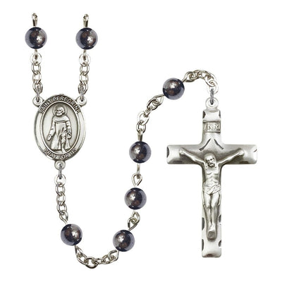 St. Peregrine Laziosi 6mm Hematite Bead Rosary with Pewter Centerpiece and Crucifix, Gift Box, Bliss Manufacturing