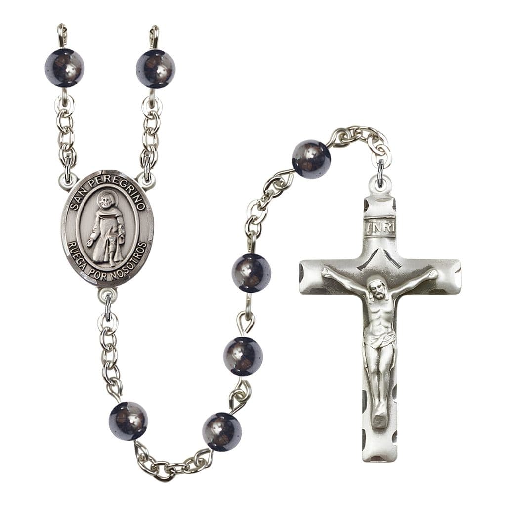 Bliss Spanish San Peregrino 6mm Hematite Bead Rosary with Pewter Centerpiece and Crucifix, Gift Box.