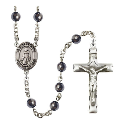 Spanish San Peregrino 6mm Hematite Bead Rosary with Pewter Centerpiece and Crucifix, Gift Box, Bliss Manufacturing