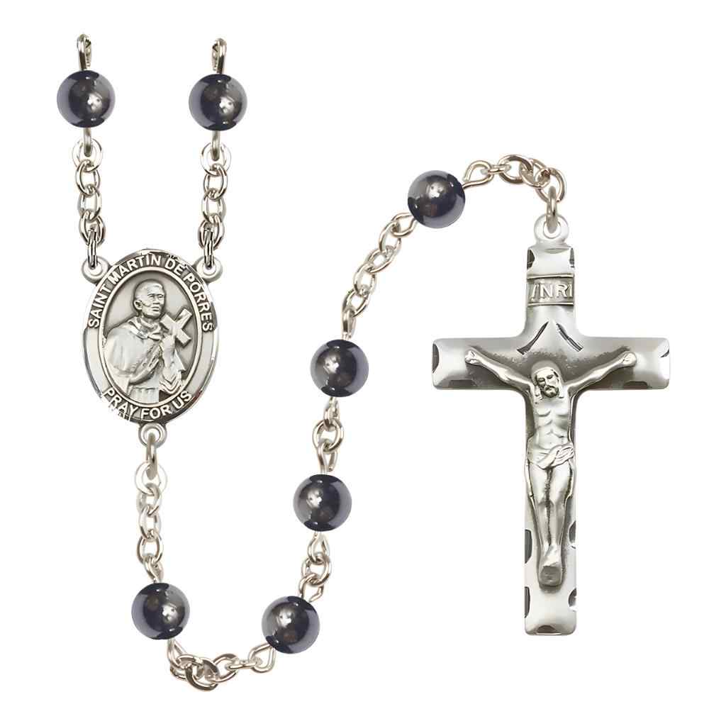 Saint Martin de Porres 6mm Hematite Bead Rosary with Pewter Centerpiece and Crucifix in Gift Box, Made in USA by Bliss Manufacturing