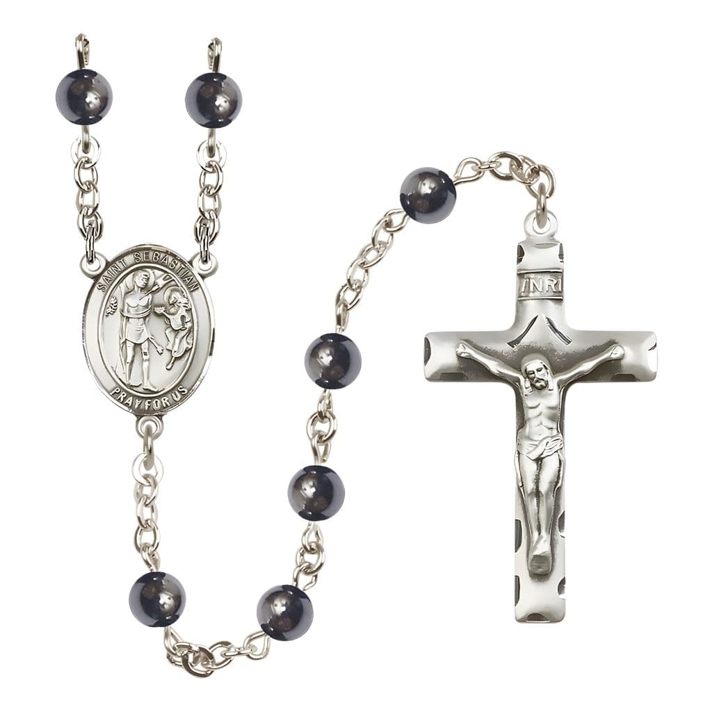 Bliss St. Sebastian 6mm Hematite Bead Catholic Rosary with Pewter Centerpiece and Crucifix