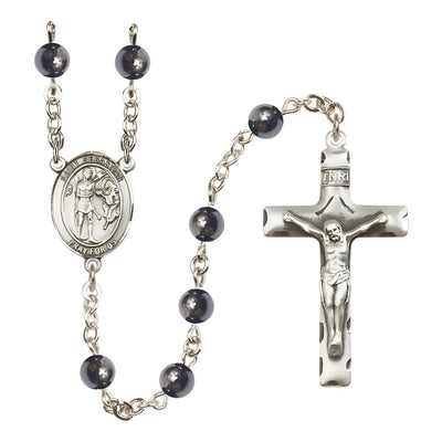 St. Sebastian 6mm Hematite Bead Catholic Rosary with Pewter Centerpiece and Crucifix, Bliss Manufacturing