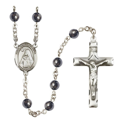 St. Teresa of Avila Rosary with 6mm Hematite beads and pewter centerpiece and crucifix, Bliss Manufacturing