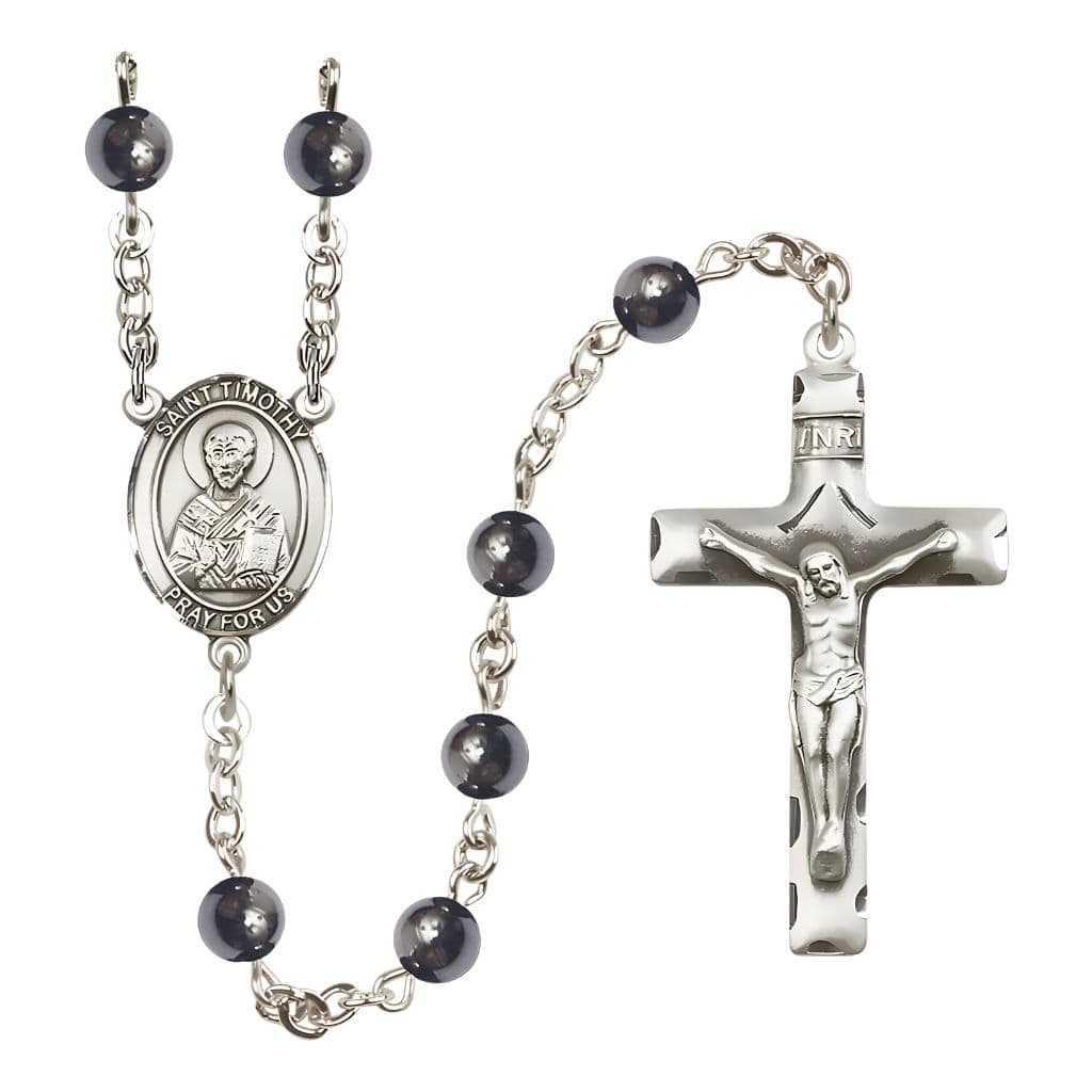 Bliss St. Timothy 6mm Hematite Bead Catholic Rosary with Pewter Centerpiece and Crucifix