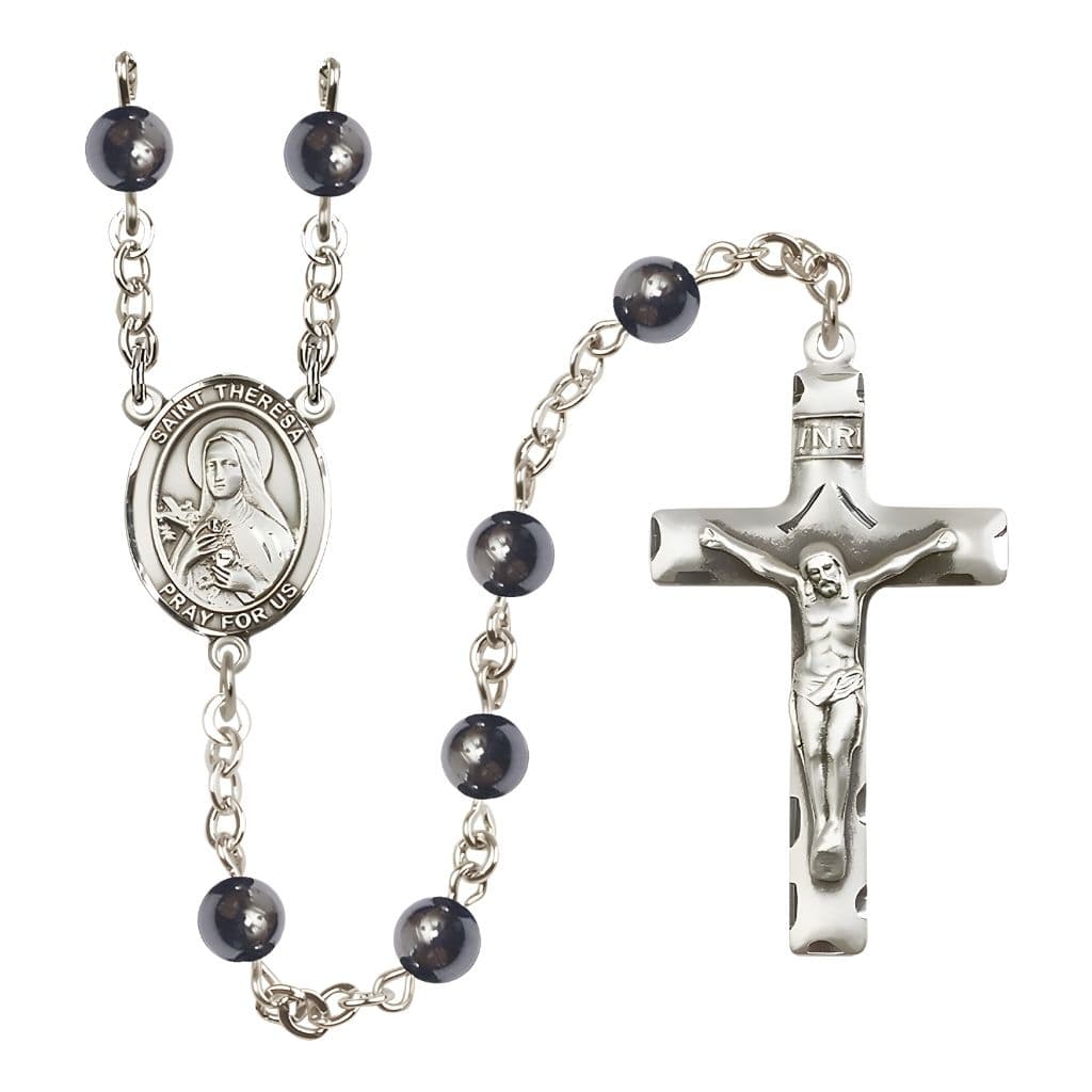 Bliss St. Theresa 6mm Hematite Bead Silver-plated Rosary with Pewter Centerpiece and Crucifix