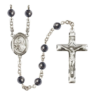 St. Theresa 6mm Hematite Bead Silver-plated Rosary with Pewter Centerpiece and Crucifix, Bliss Manufacturing