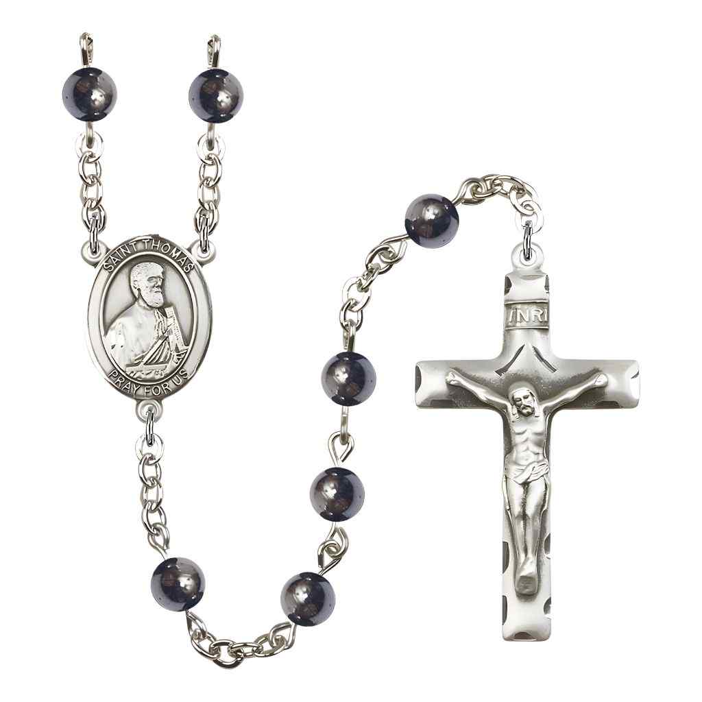 St. Thomas the Apostle 6mm Hematite Bead Rosary with Pewter Centerpiece and Crucifix, Gift Box.