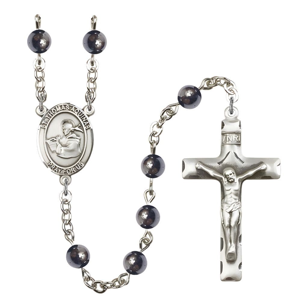 Bliss St. Thomas Aquinas 6mm Hematite Bead Catholic Rosary with Pewter Centerpiece and Crucifix
