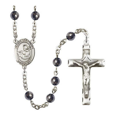 St. Thomas Aquinas 6mm Hematite Bead Catholic Rosary with Pewter Centerpiece and Crucifix, Bliss Manufacturing
