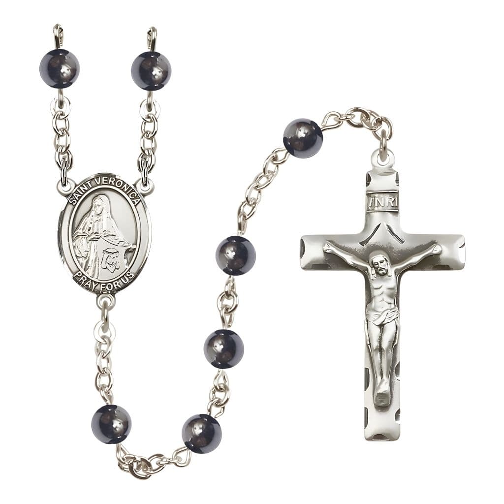 Bliss St. Veronica 6mm Hematite Bead Catholic Rosary with Pewter Centerpiece and Crucifix