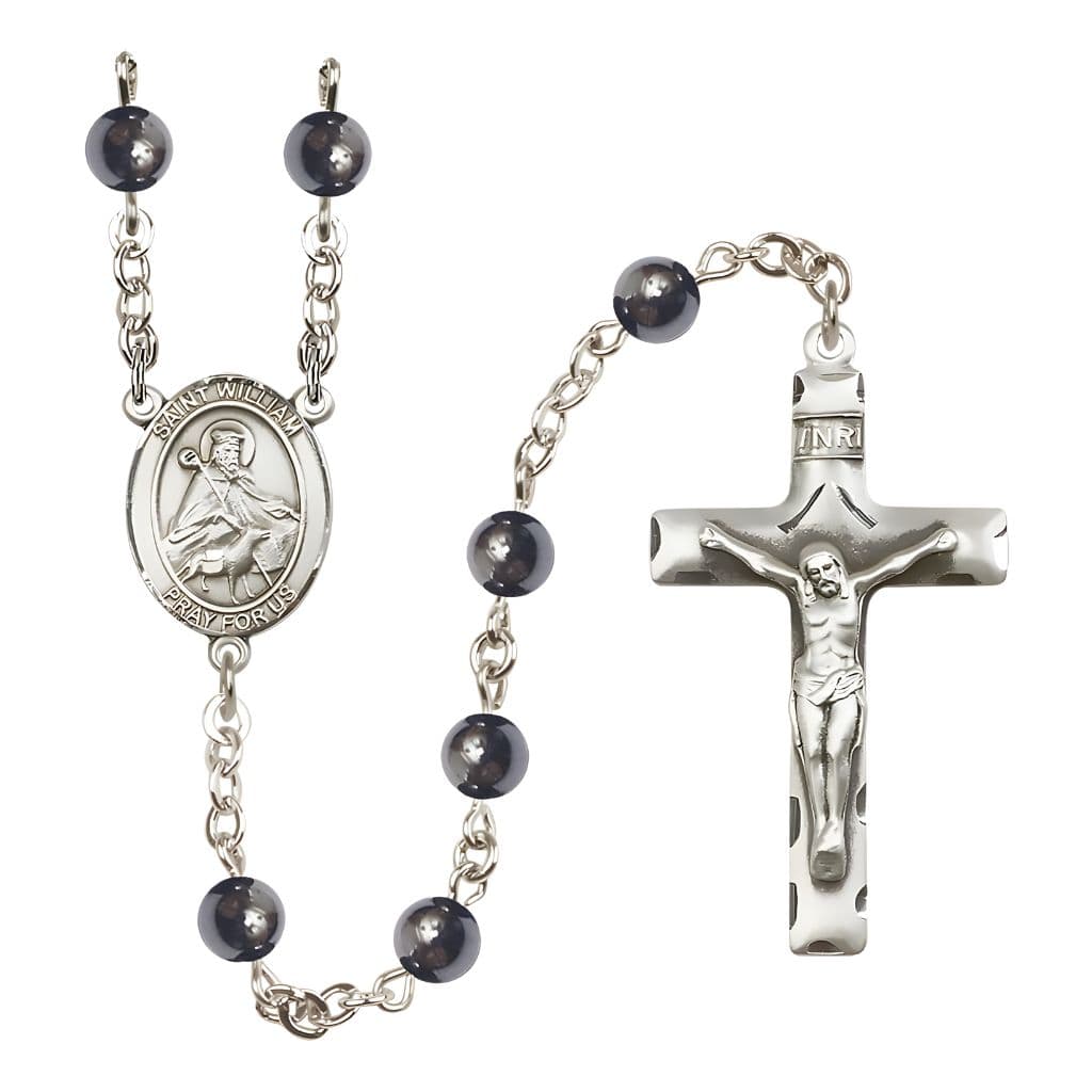 St. William of Rochester 6mm Hematite Rosary with Pewter Centerpiece and Crucifix