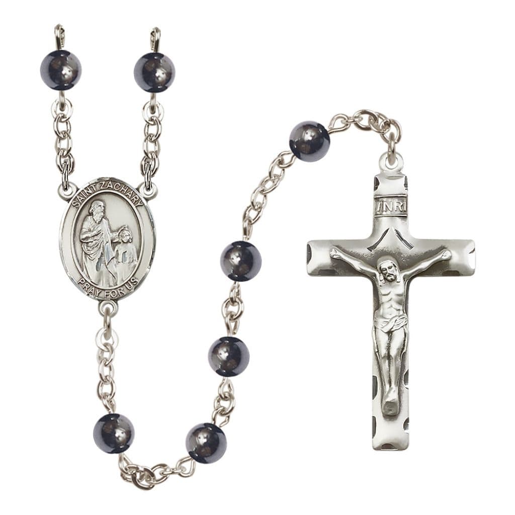 Bliss St. Zachary 6mm Hematite Bead Catholic Rosary with Pewter Centerpiece and Crucifix