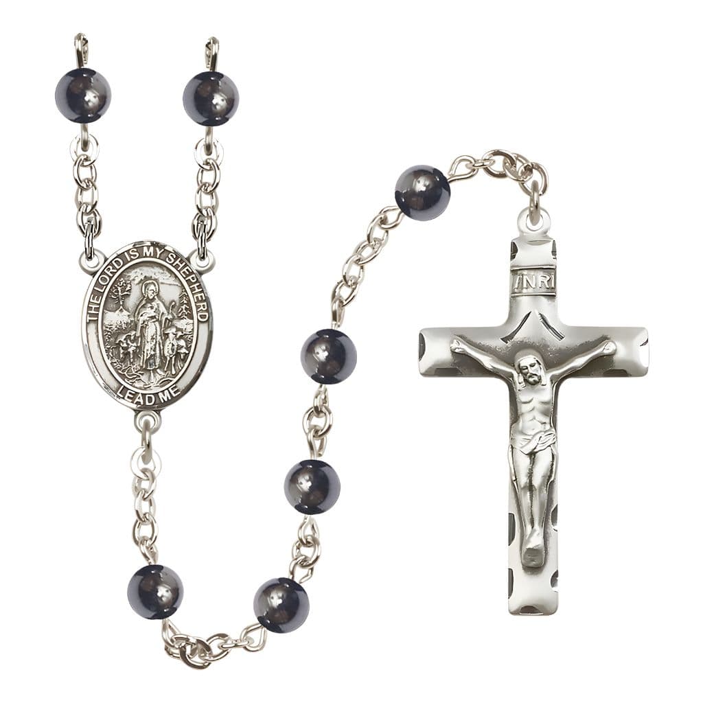Bliss Lord Is My Shepherd 6mm Hematite Bead Catholic Rosary with Pewter Centerpiece and Crucifix