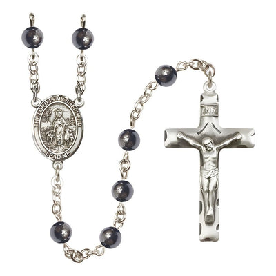 Lord Is My Shepherd 6mm Hematite Bead Catholic Rosary with Pewter Centerpiece and Crucifix, Bliss Manufacturing