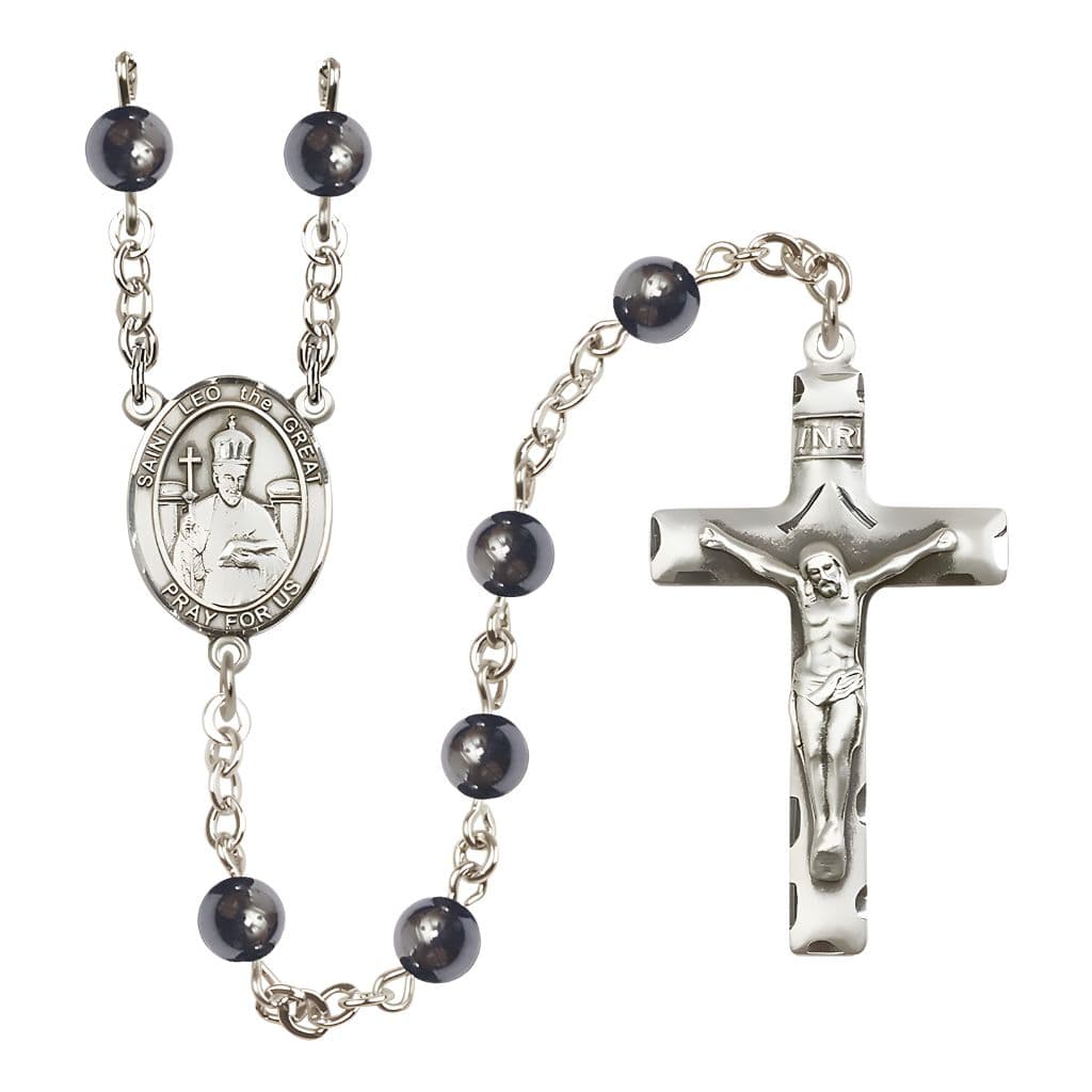 Bliss St. Leo the Great Engravable Silver-plated 6mm Hematite Bead Rosary with Pewter Crucifix and Centerpiece,