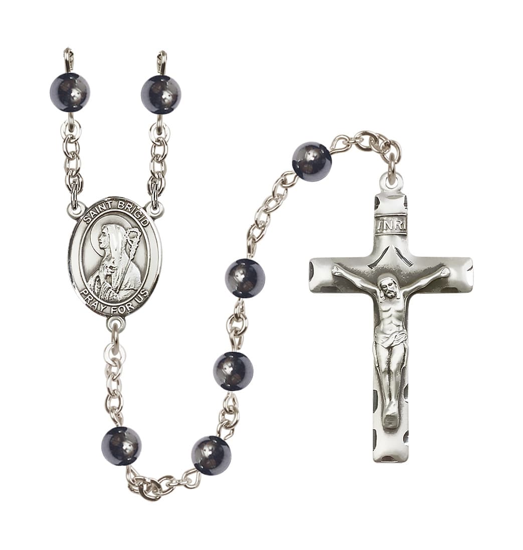 Bliss St Brigid of Ireland 6mm Hematite Silver-plated Rosary,