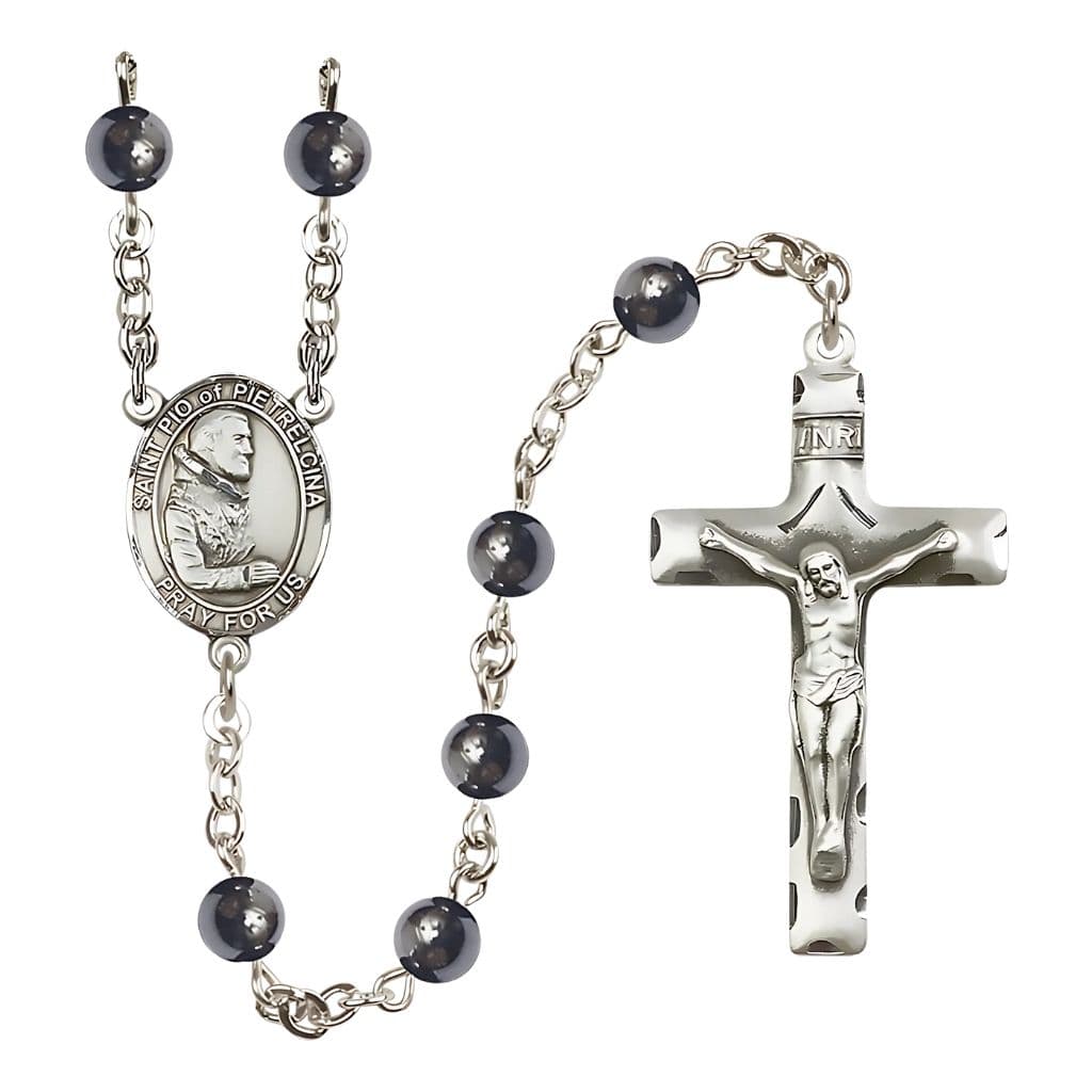 Bliss St. Padre Pio of Pietrelcina 6mm Hematite Bead Rosary with Pewter Centerpiece and Crucifix