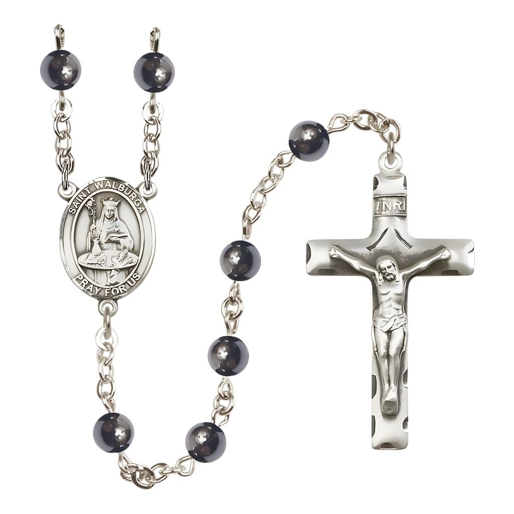 Bliss St. Walburga 6mm Hematite Bead Silver-Plated Rosary with Pewter Centerpiece and Crucifix