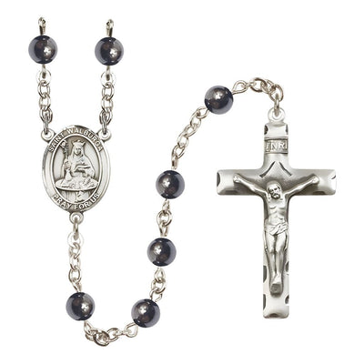 St. Walburga 6mm Hematite Bead Silver-Plated Rosary with Pewter Centerpiece and Crucifix, Bliss Manufacturing