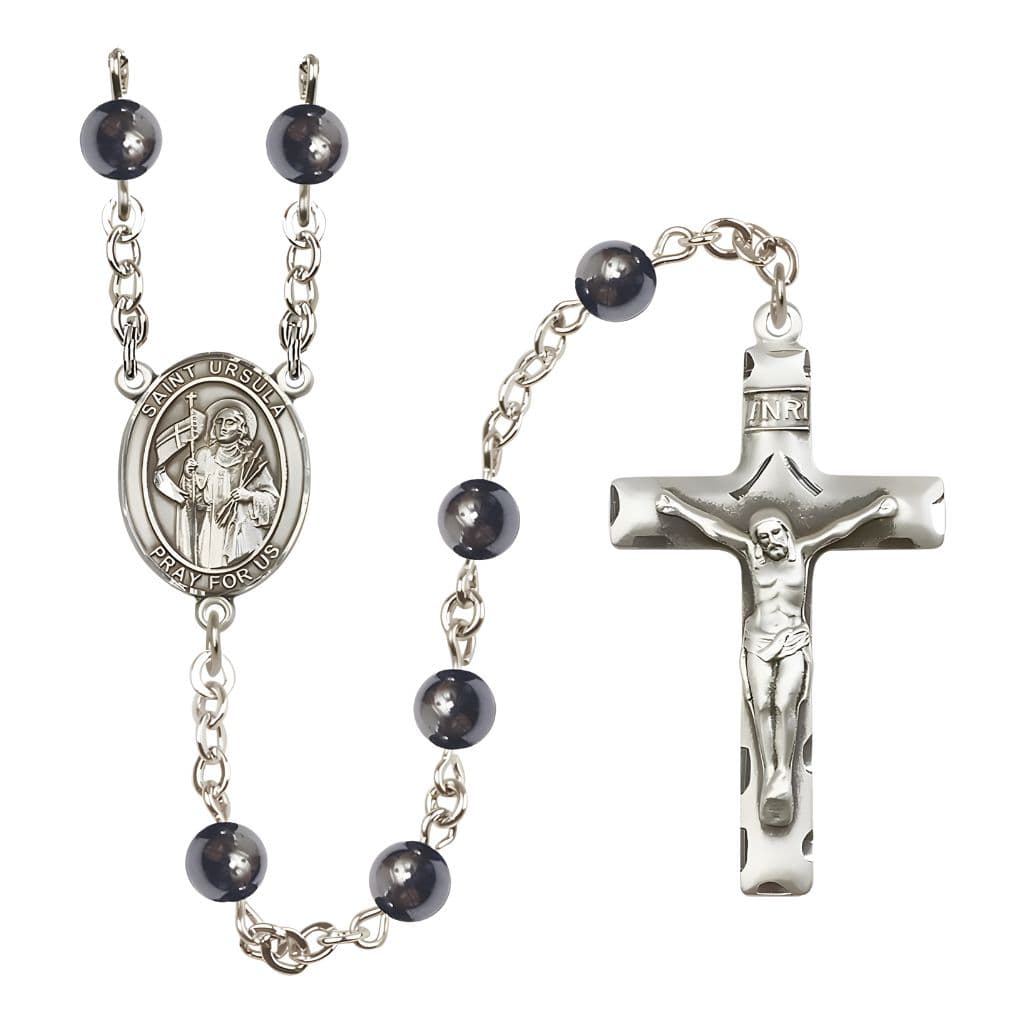 St. Ursula 6mm Hematite Catholic Rosary with Pewter Centerpiece and Crucifix, Made in USA by Bliss