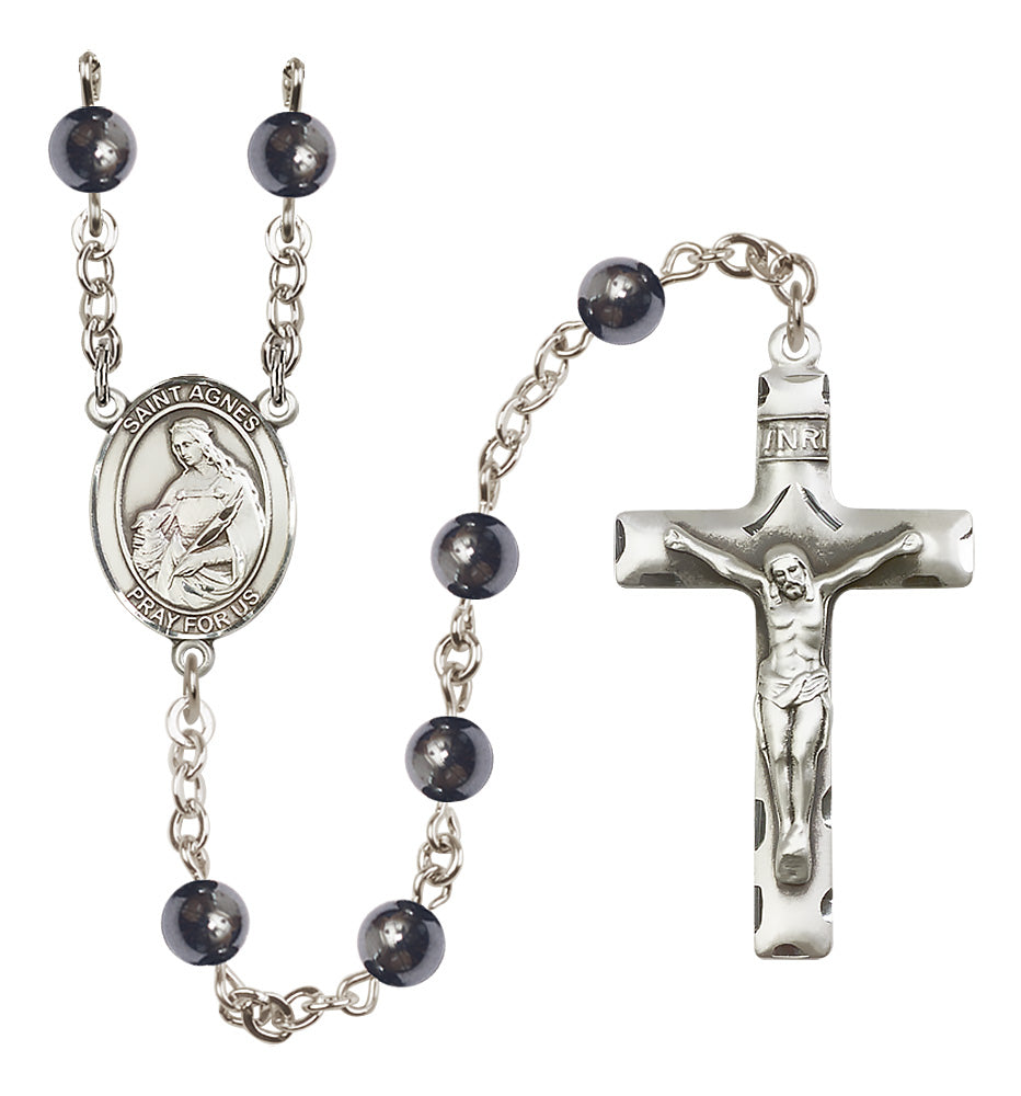 Bliss St Agnes of Rome 6mm Hematite Bead Silver-Plated Rosary,