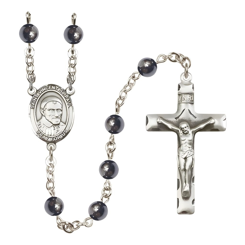 Bliss St. Vincent de Paul 6mm Hematite Bead Catholic Rosary with Pewter Centerpiece and Crucifix