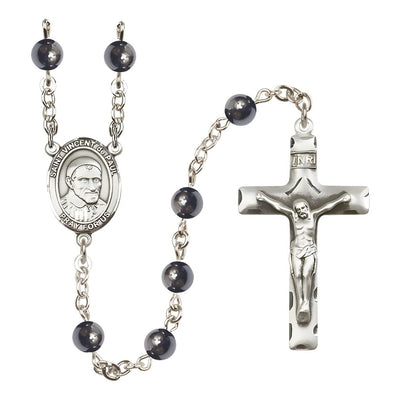 St. Vincent de Paul 6mm Hematite Bead Catholic Rosary with Pewter Centerpiece and Crucifix, Bliss Manufacturing