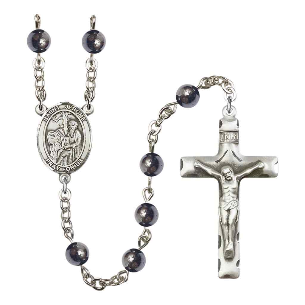 Jerome 6mm Hematite Bead Rosary with Pewter Centerpiece and Crucifix in Gift Box