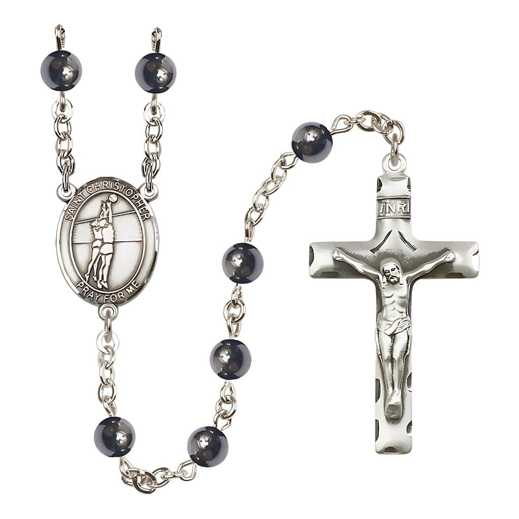 Bliss St. Christopher Volleyball 6mm Hematite Silver-plated Rosary,