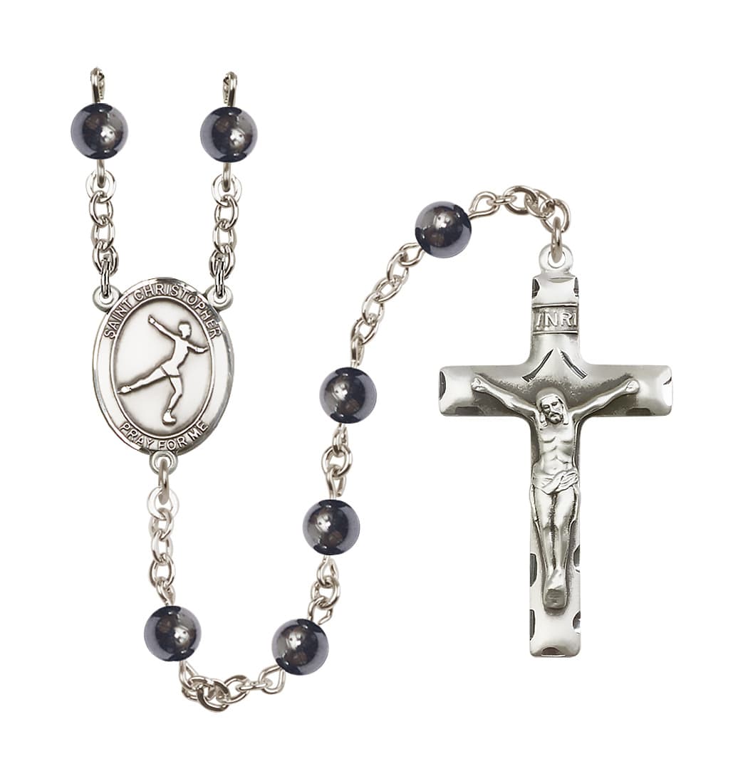 Bliss St Christopher Figure Skating 6mm Hematite Bead Rosary,