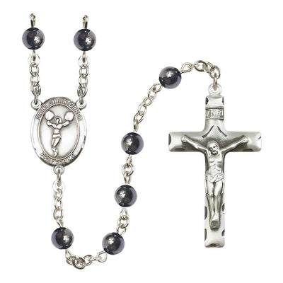 St Christopher Cheerleading 6mm Hematite Bead Silver-plated Rosary, Pewter Center and Crucifix, Bliss Manufacturing