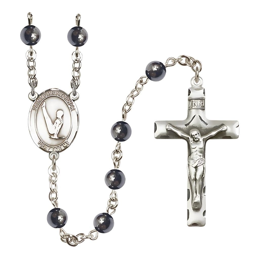 Bliss St. Christopher Boy's Gymnastics 6mm Hematite Rosary, handcrafted in the USA by Bliss Manufacturing