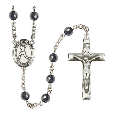 St. Christopher Softball 6mm Hematite Silver-plated Rosary, handcrafted in the USA, Bliss Manufacturing