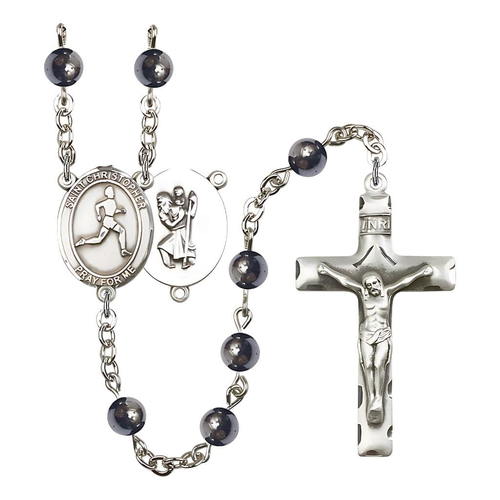 Bliss St. Christopher Track and Field 6mm Hematite Silver-plated Rosary, handcrafted in the USA by Bliss