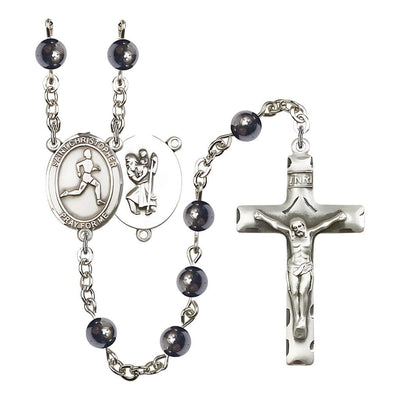 St. Christopher Track and Field 6mm Hematite Silver-plated Rosary, handcrafted in the USA, Bliss Manufacturing