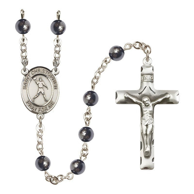 Football St. Christopher 6mm Hematite Bead Catholic Rosary with Pewter Centerpiece and Crucifix, Bliss Manufacturing