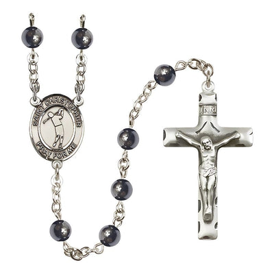 St. Christopher Golf 6mm Hematite Bead Silver-plated Rosary, Bliss Manufacturing