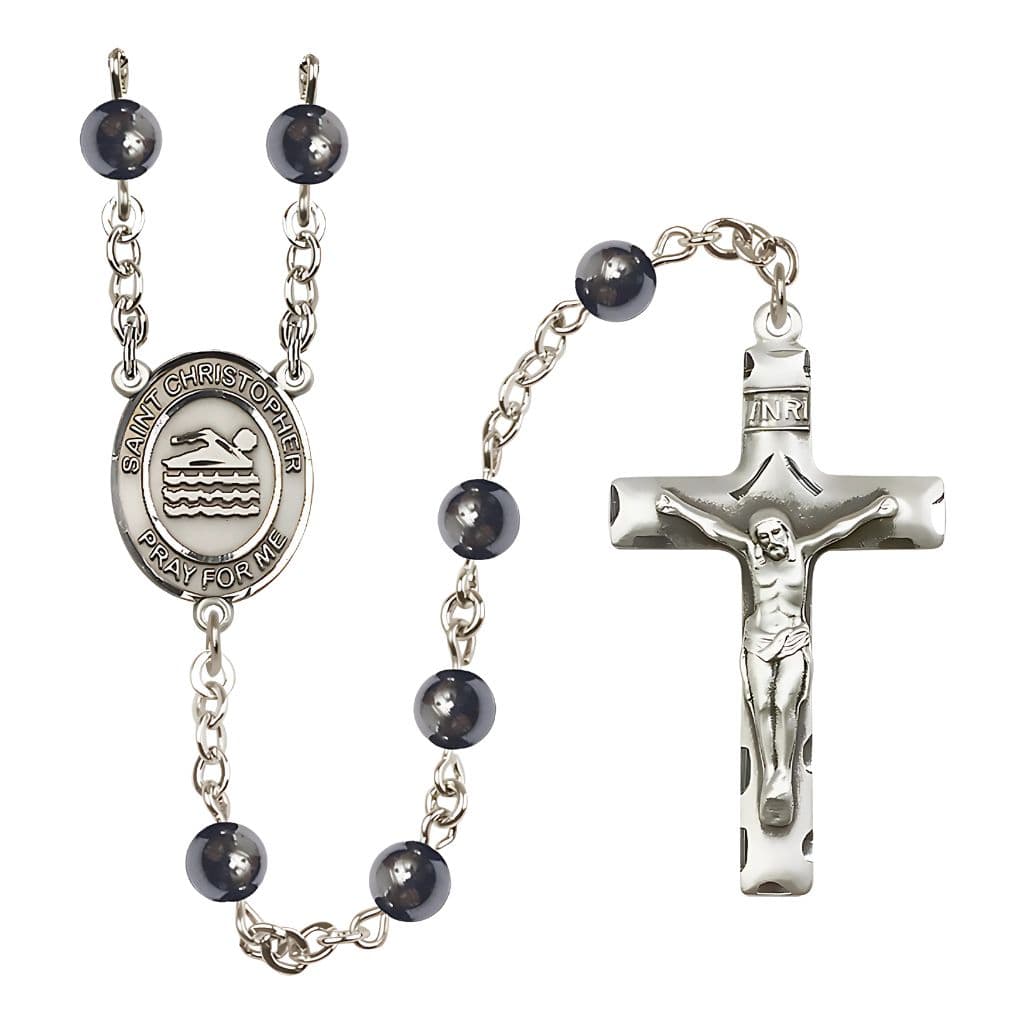 St. Christopher Swimming 6mm Hematite Catholic Silver-plated Rosary, handcrafted in the USA by Bliss,