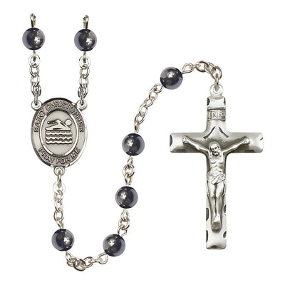 St. Christopher Swimming 6mm Hematite Catholic Silver-plated Rosary, handcrafted in the USA, Bliss Manufacturing