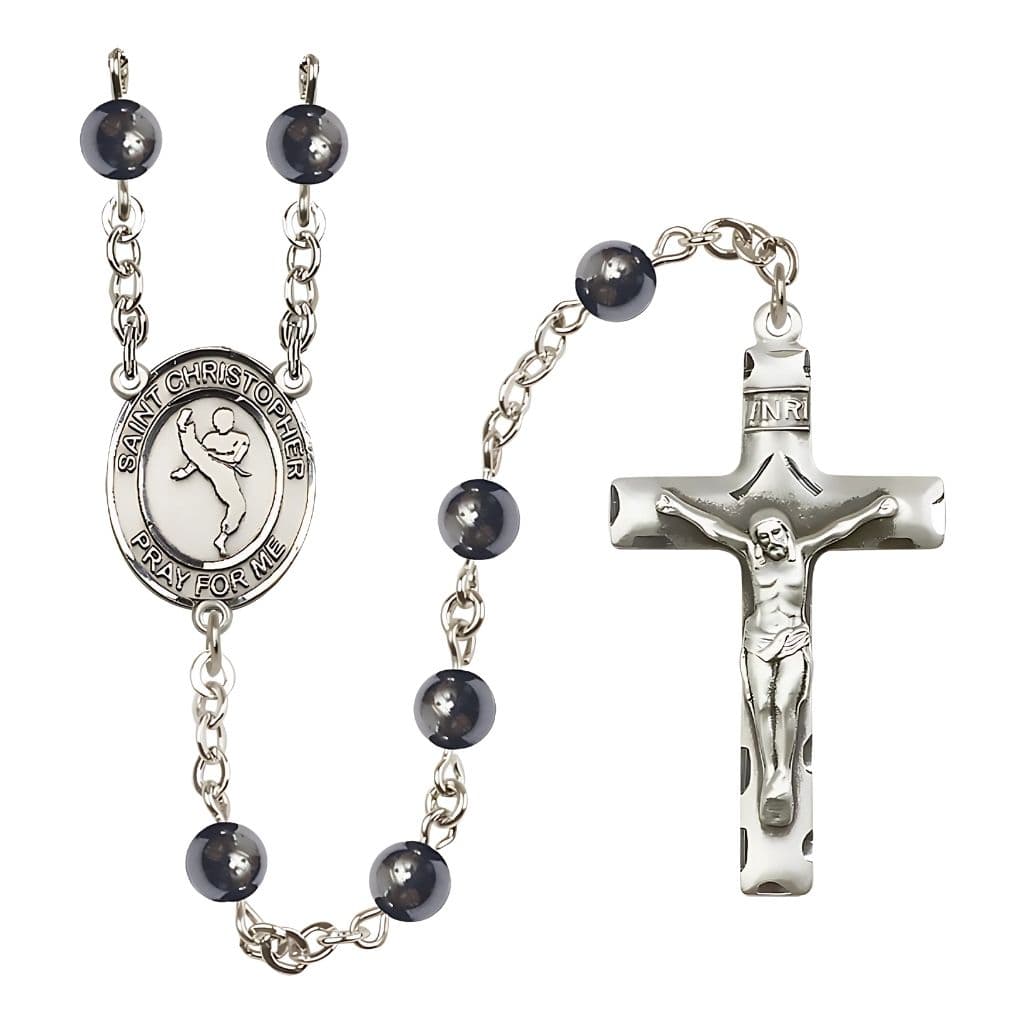 Bliss St. Christopher Martial Arts 6mm Hematite Silver-plated Rosary with pewter centerpiece and crucifix