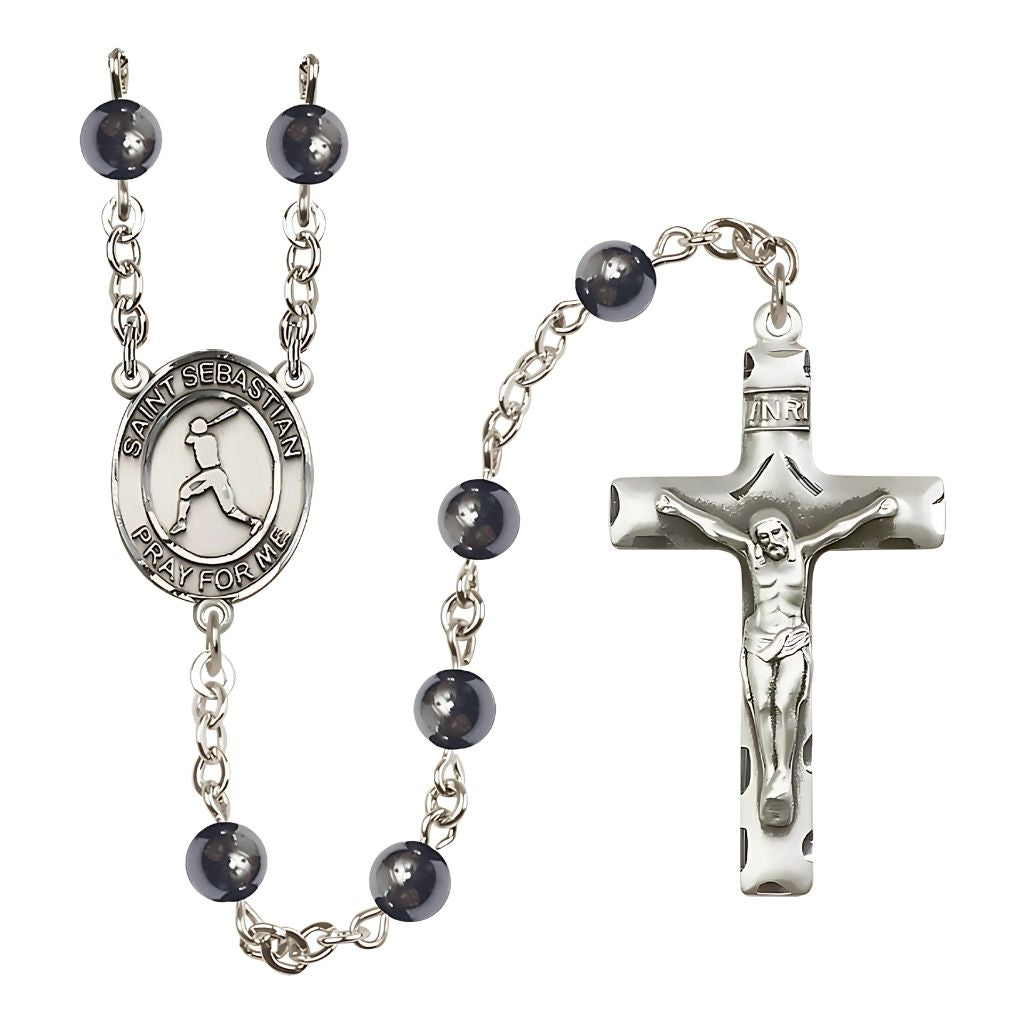 Bliss St. Sebastian Baseball 6mm Round Hematite Bead Silver-plated Rosary