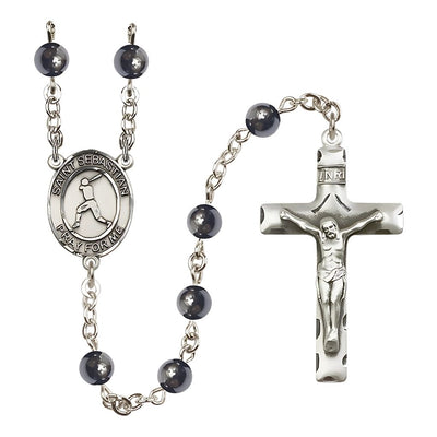 St. Sebastian Baseball 6mm Round Hematite Bead Silver-plated Rosary, Bliss Manufacturing