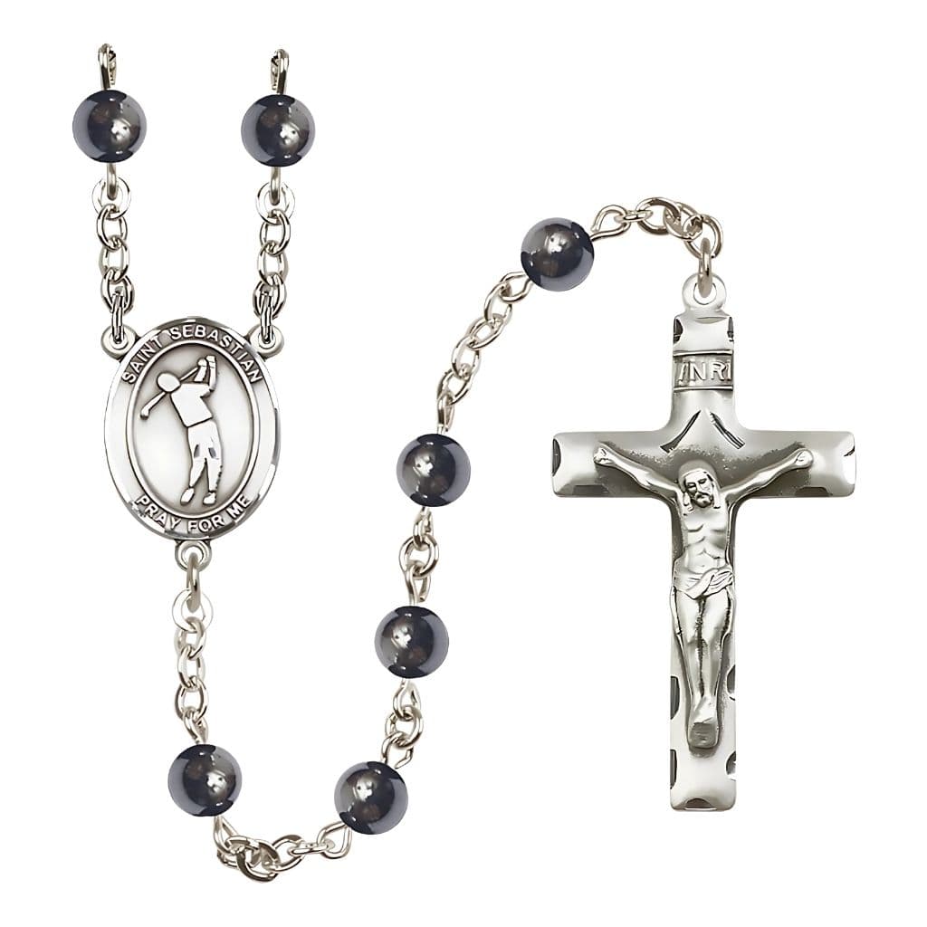 Bliss St. Sebastian Golf 6mm Hematite Bead Silver-plated Rosary, Made in USA,