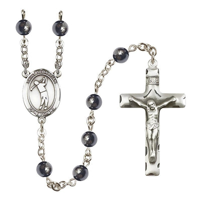 St. Sebastian Golf 6mm Hematite Bead Silver-plated Rosary, Made in USA, Bliss Manufacturing