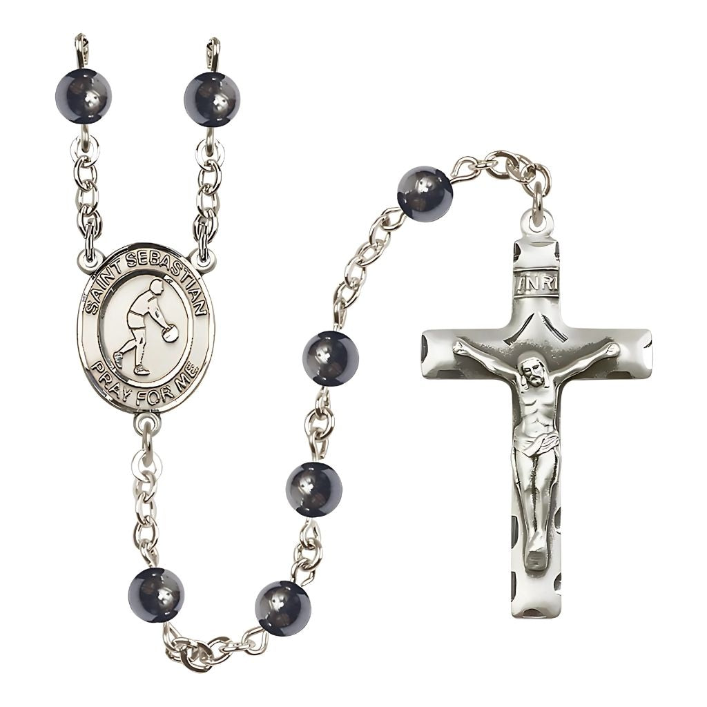 Bliss St. Sebastian Basketball 6mm Round Hematite Bead Silver-plated Rosary