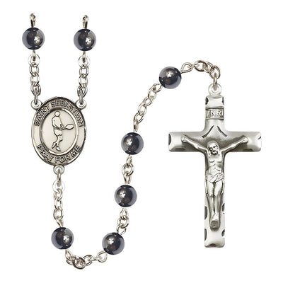 St. Sebastian Tennis 6mm Hematite Catholic Rosary in Pewter and Silver-plated, Bliss Manufacturing