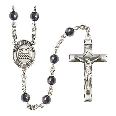 St. Sebastian Swimming 6mm Hematite Silver-plated Rosary, pewter oval centerpiece and crucifix, Bliss Manufacturing