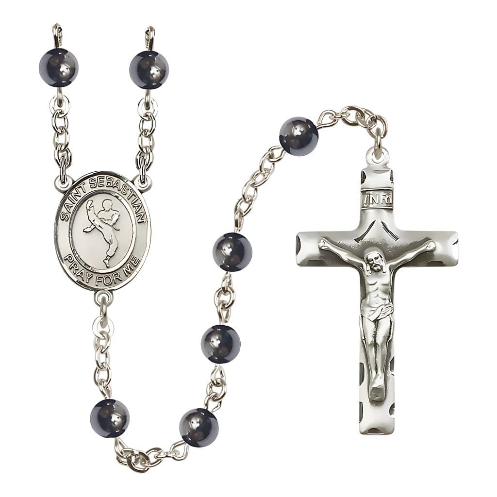 Bliss St. Sebastian Martial Arts 6mm Hematite Silver-plated Rosary with pewter centerpiece and crucifix