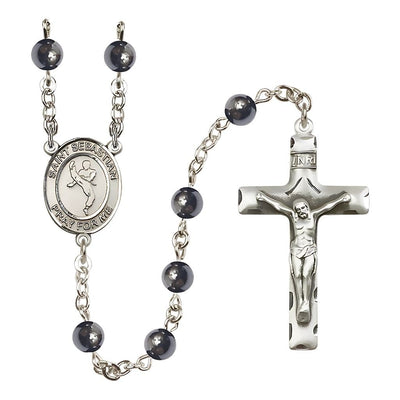 St. Sebastian Martial Arts 6mm Hematite Silver-plated Rosary with pewter centerpiece and crucifix, Bliss Manufacturing